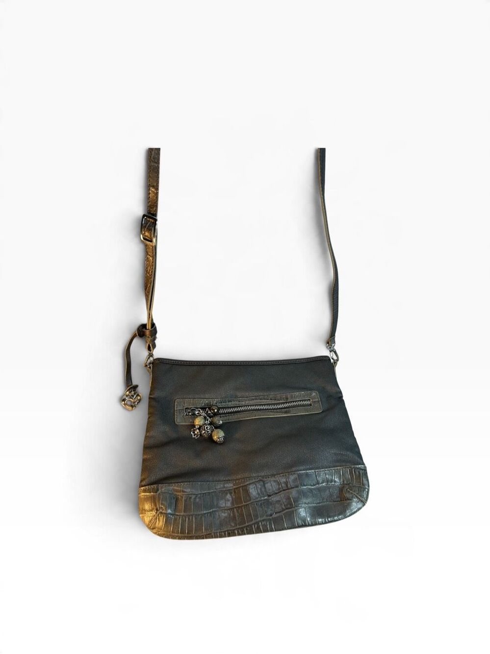 Brighton Charcoal Gray Metallic Canvas & Croc Leather Crossbody Bag U110859